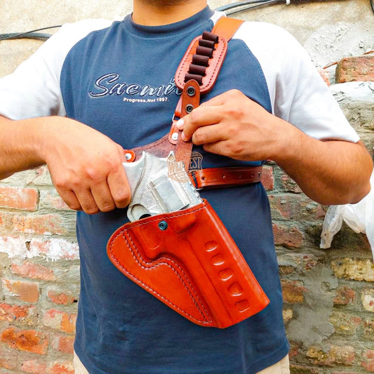 Leather Chest Revolver Holster for Chiappa Rhino 40DS/60DS with Bullet Loops.