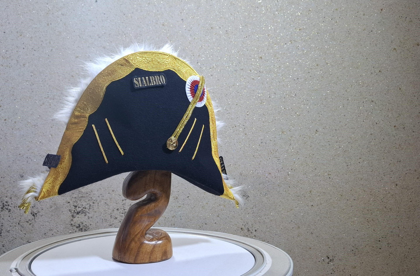Napoleon Bicorne Hat: Gold Trim, Feather Boa, Red White Blue Cockade