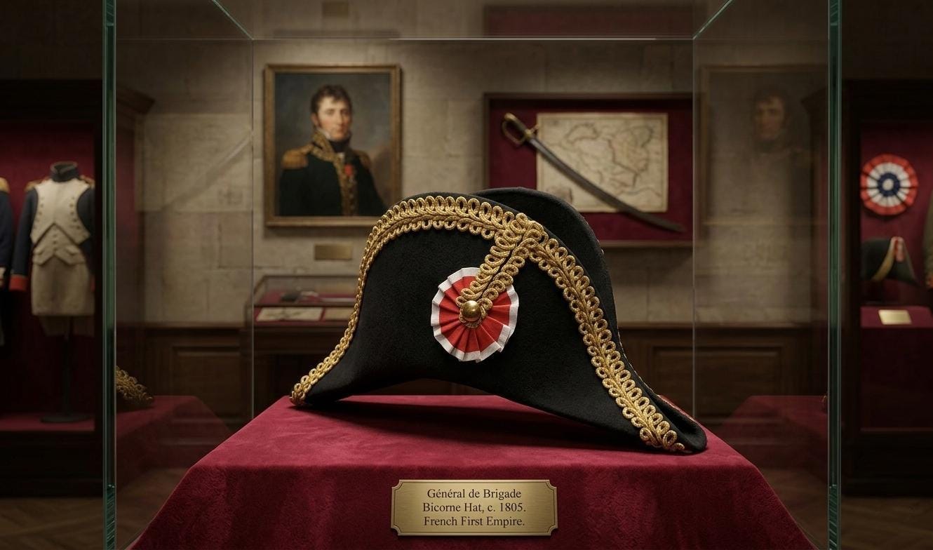 Napoleon Bicorne Hat: Black Felt with Gold Braid Trim