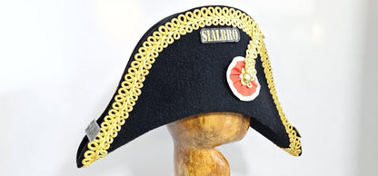 Napoleon Bicorne Hat: Black Felt with Gold Braid Trim
