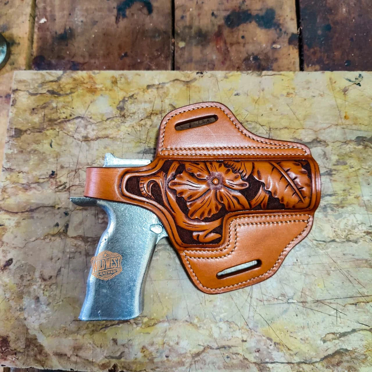 Handmade Custom Leather Western Holster for Kimber Models in Floral Carving
