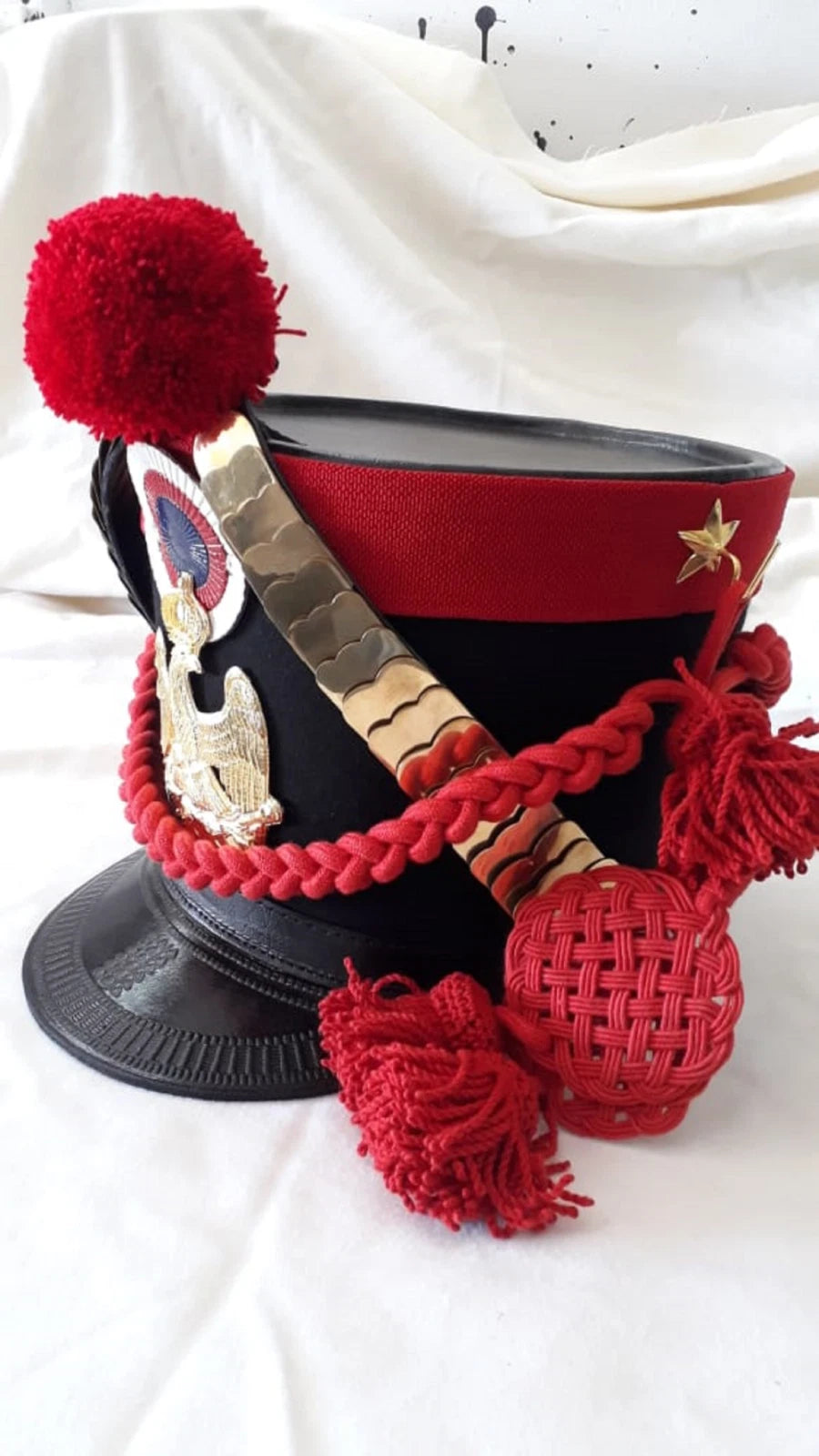 Custom French Napoleonic Shako Hat Red Pom Pom Brass Eagle Reenactment Repro