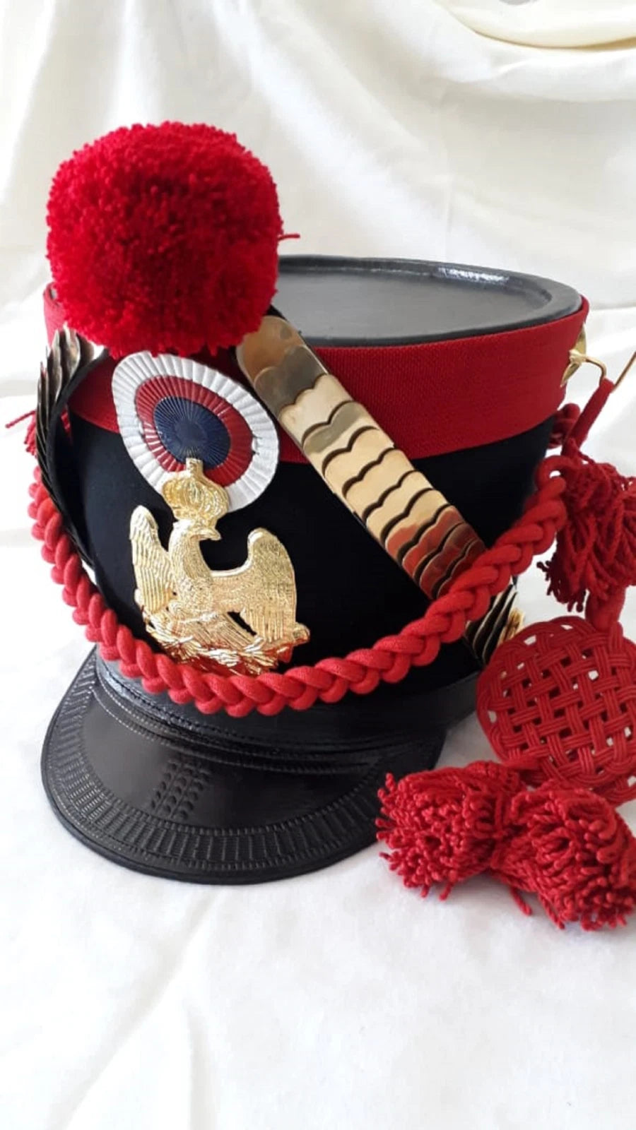 Custom French Napoleonic Shako Hat Red Pom Pom Brass Eagle Reenactment Repro