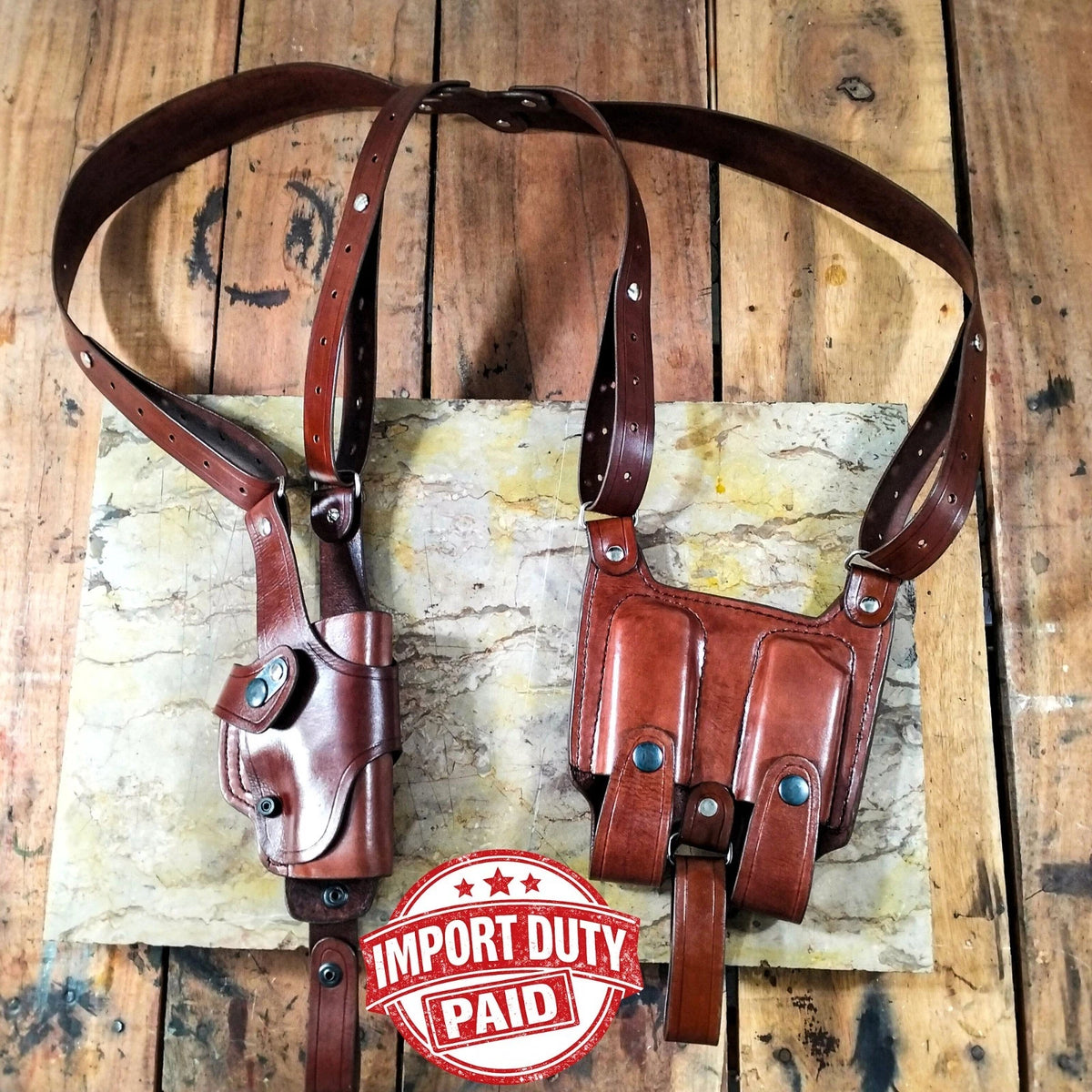 Leather Vertical Roto Shoulder Holster for Ruger Models with Dual Mag Pouch.