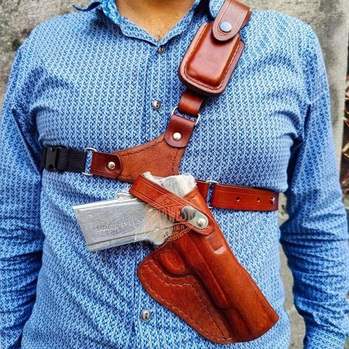 Leather Chest Holster for Sig Sauer P320 Series with Mag Pouch in Alaskan Style.