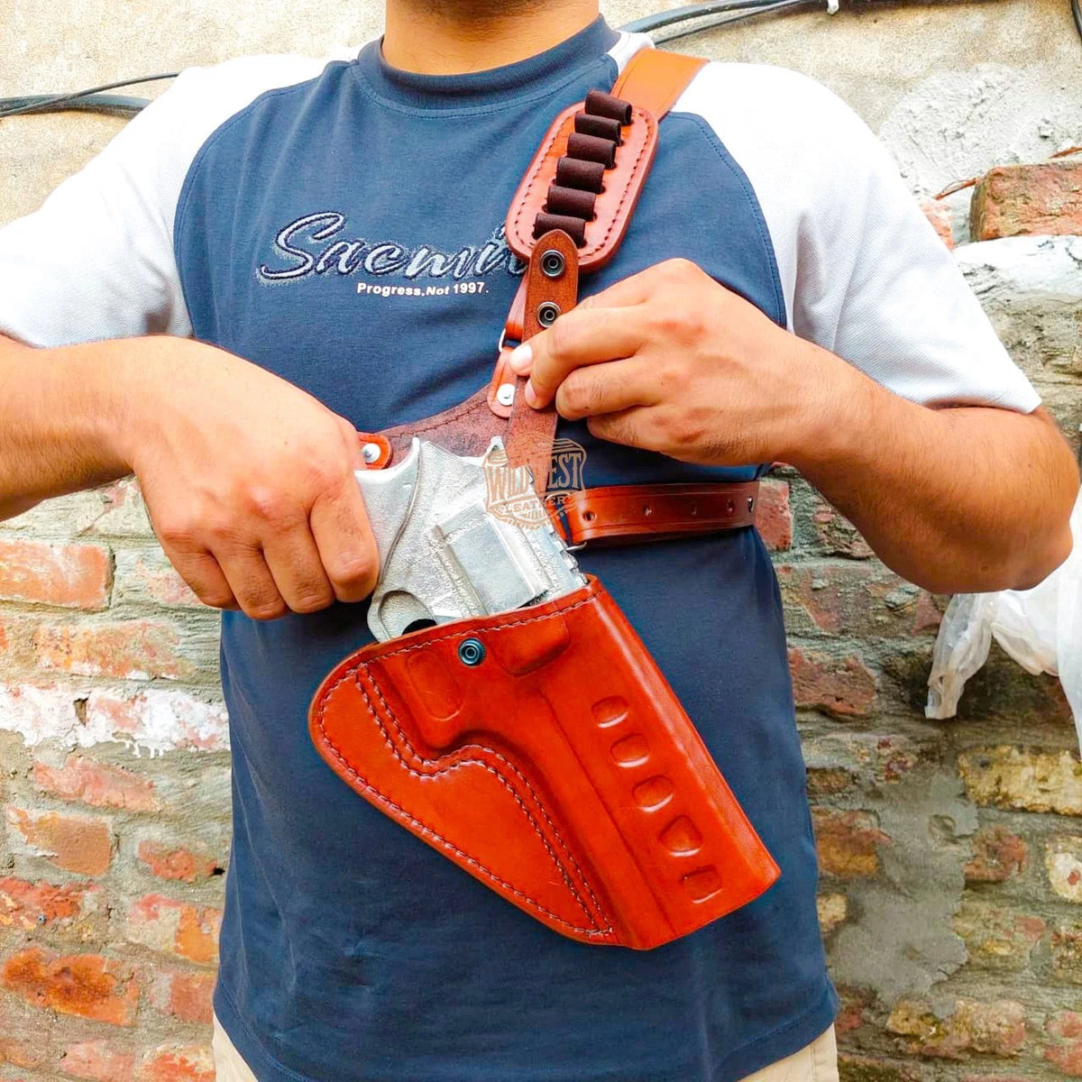 Leather Chest Revolver Holster for Chiappa Rhino 40DS/60DS with Bullet Loops.