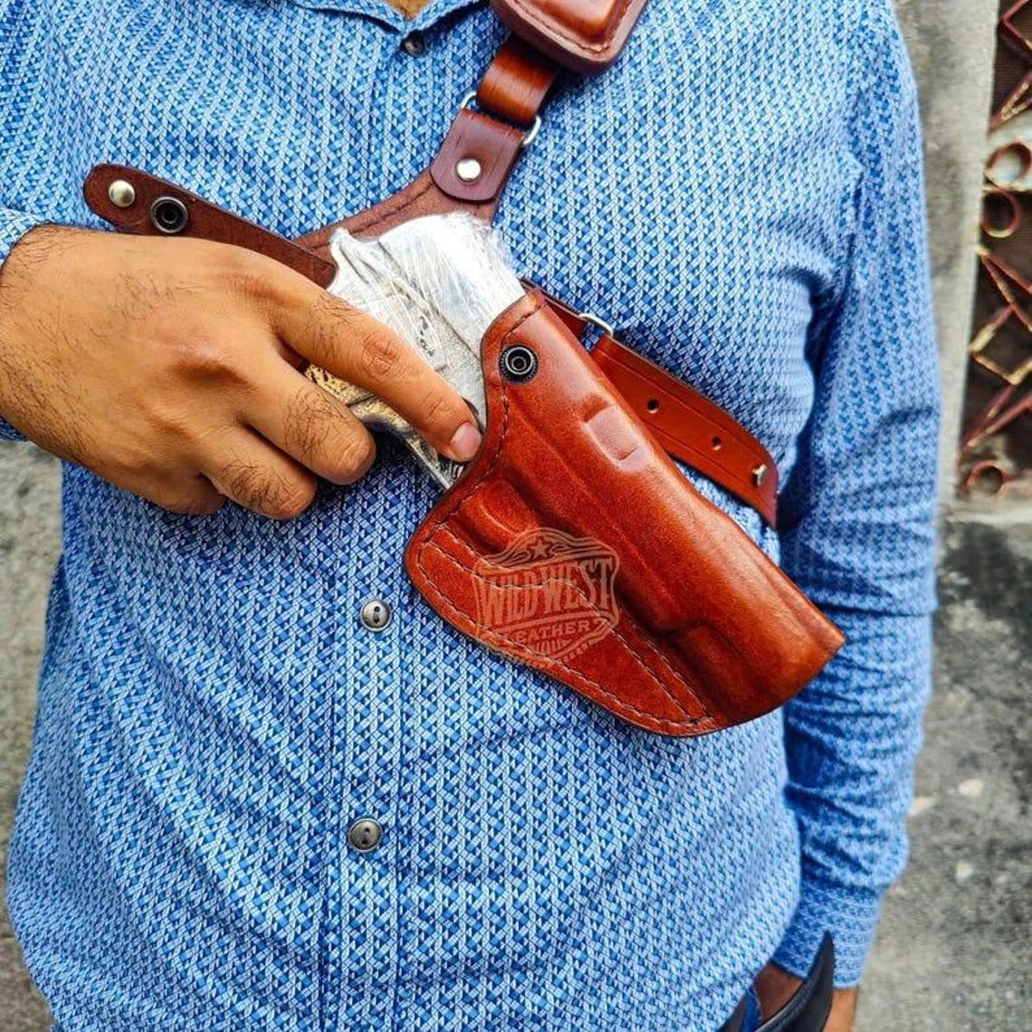Leather Chest Holster for Sig Sauer P320 Series with Mag Pouch in Alaskan Style.