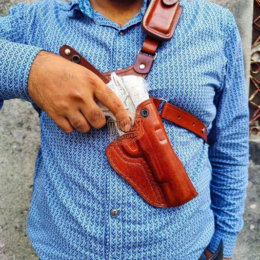 Leather Chest Holster for Sig Sauer P320 M17 with Mag Pouch in Alaskan Style.