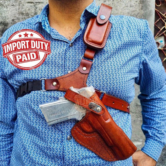 Leather Chest Holster for Sig Sauer P320 Series with Mag Pouch in Alaskan Style.