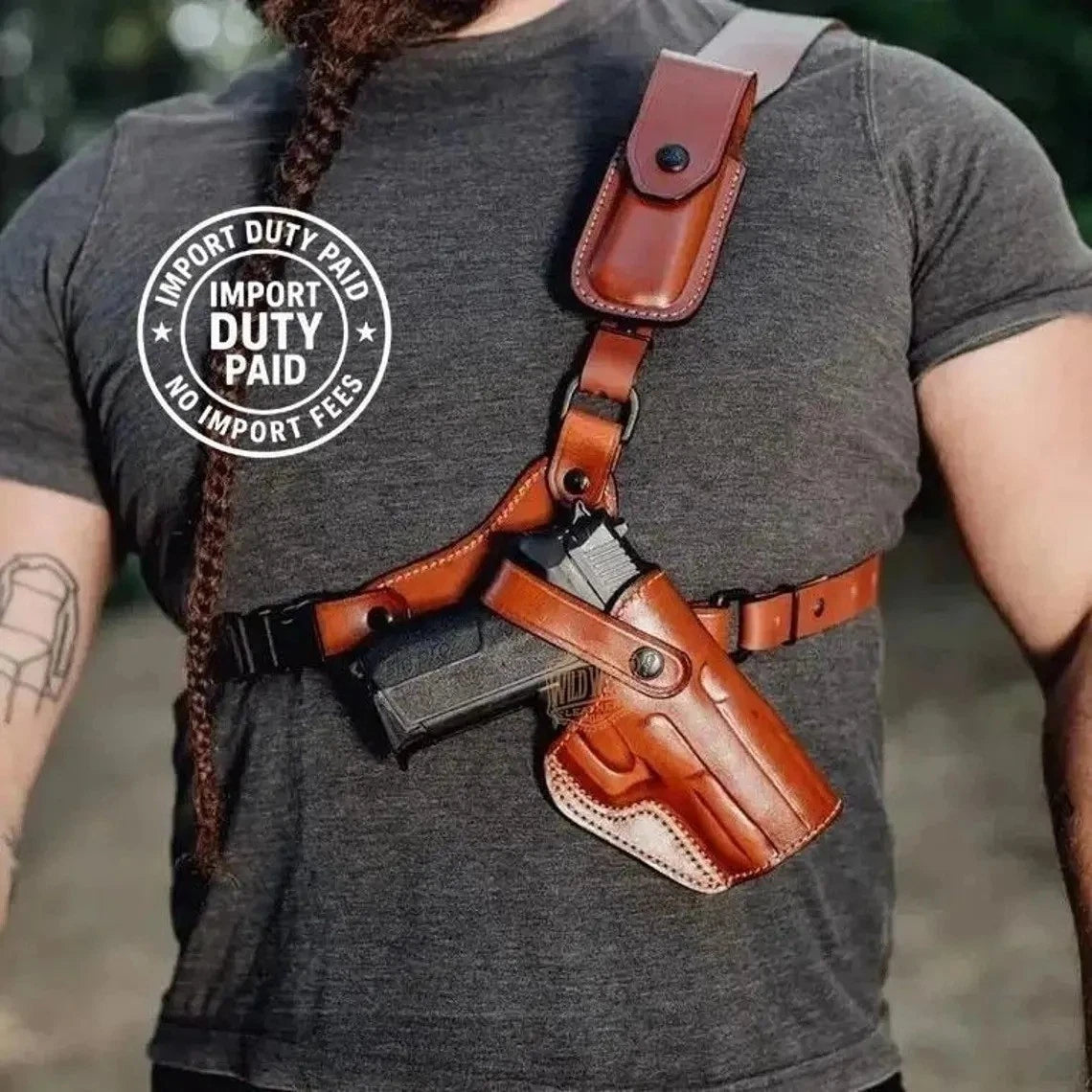 Leather Chest Holster for Sig P226 XFive Legion with Mag Pouch in Alaskan Style.