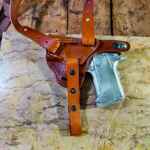 1911 Leather Horizontal OWB Shoulder Holster with Tie Down Strap.