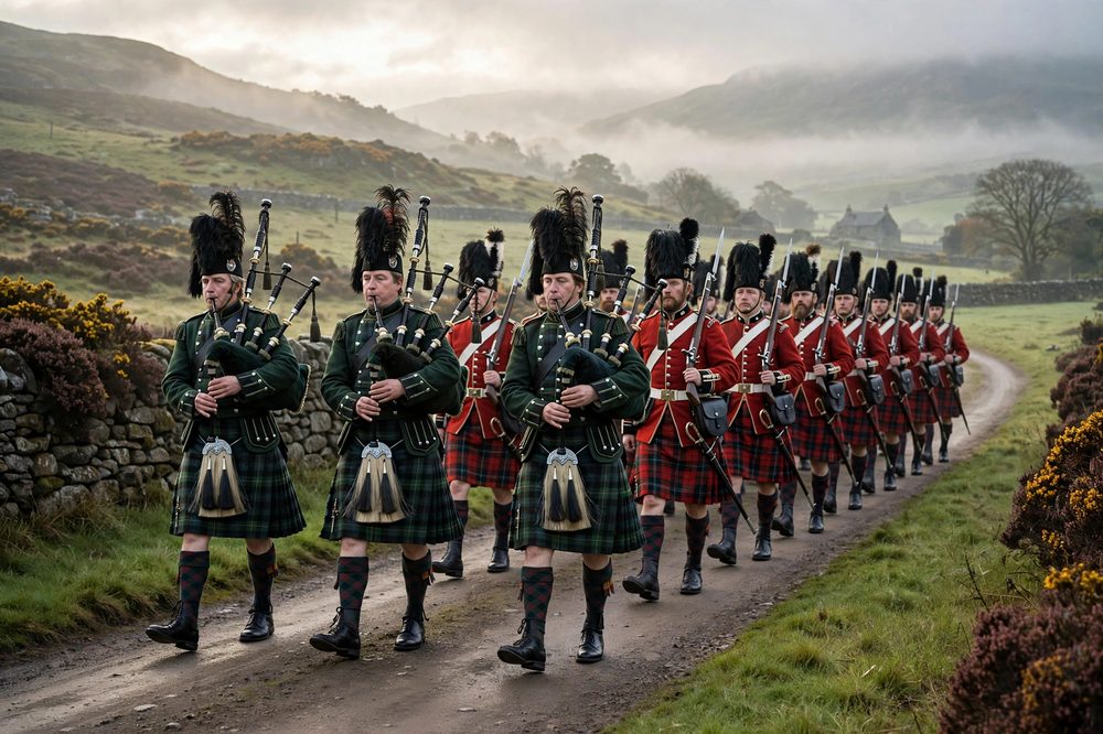 Scottish Highlanders pipes and drums marching